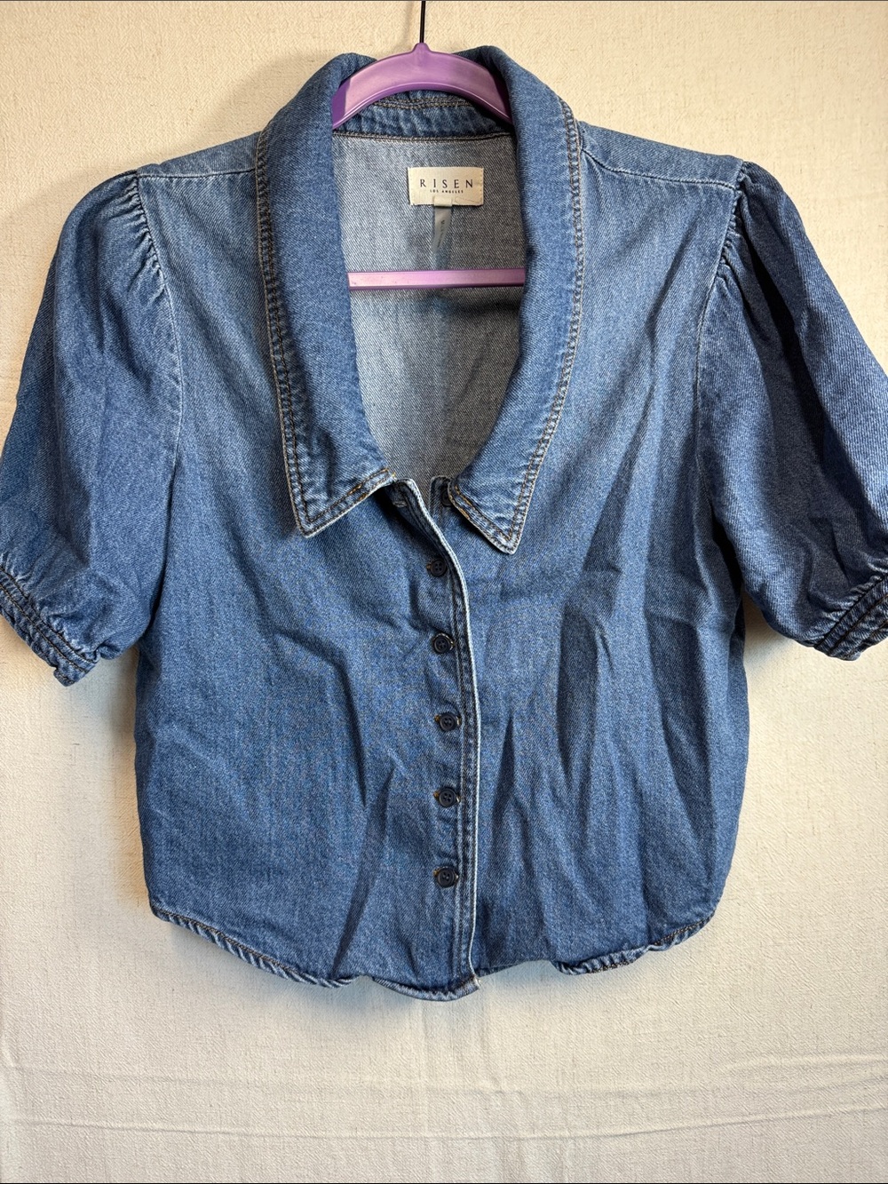 Risen Women's Blue Denim Short-Sleeve Button Front Blouse